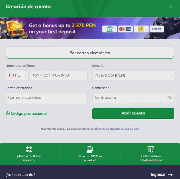 bono de bienvenida al registrarse